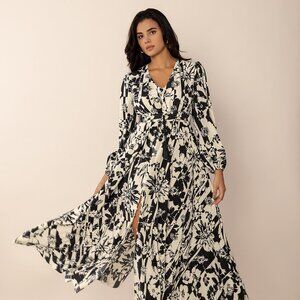 Tied Printed V-Neck Long Sleeve Midi Dress